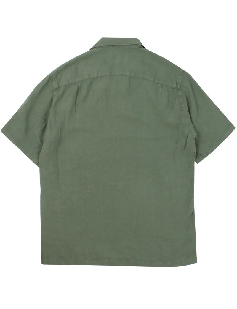 Portuguese Flannel Linen Camp Collar Short Sleeve Shirt Dry Green