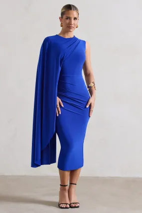 Reveal | Royal Blue One-Sleeve Cape Midi Dress