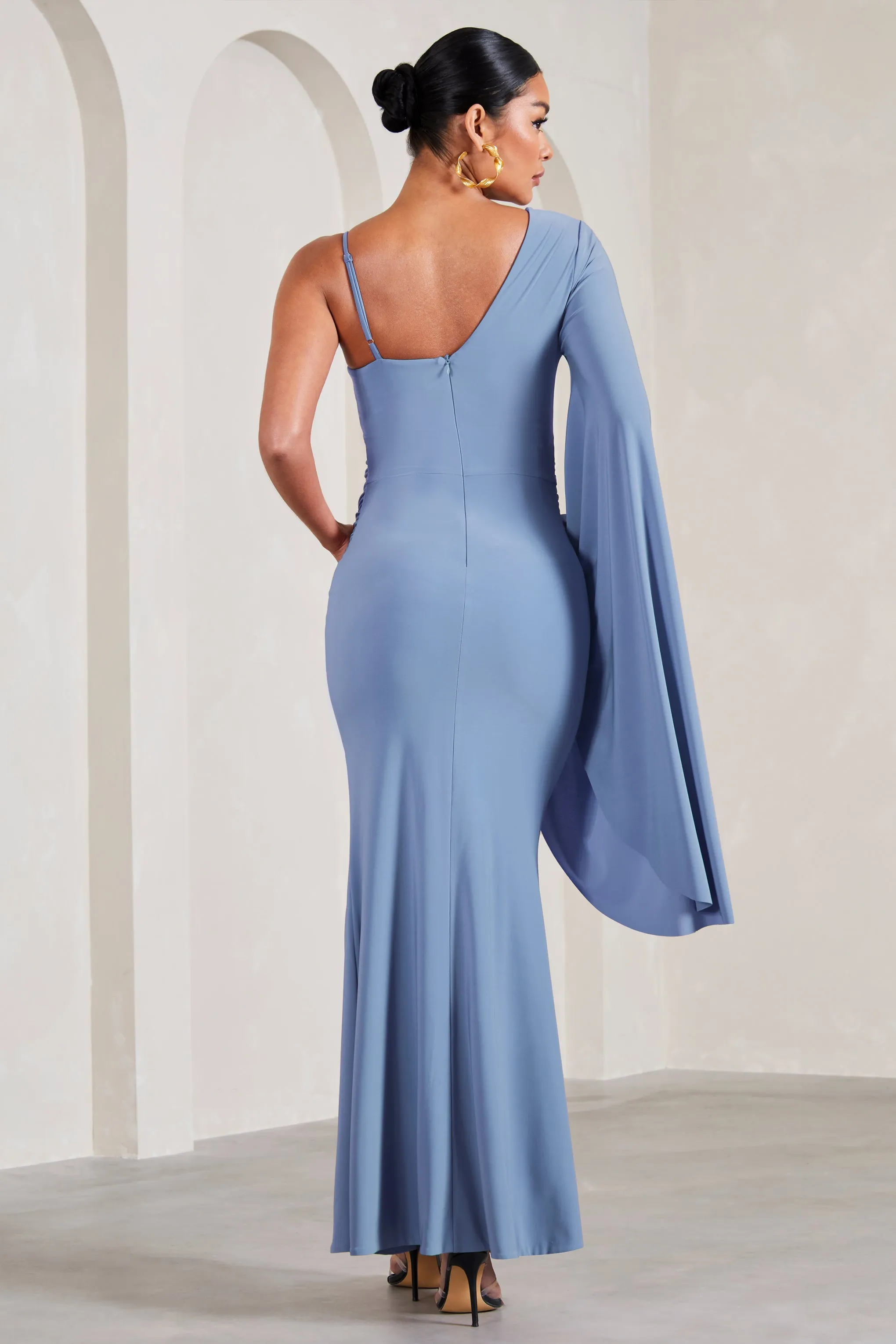 Rhea | Cornflower Blue V-Neck Split Maternity Maxi Dress With Cape Sleeve