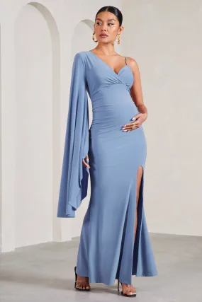 Rhea | Cornflower Blue V-Neck Split Maternity Maxi Dress With Cape Sleeve