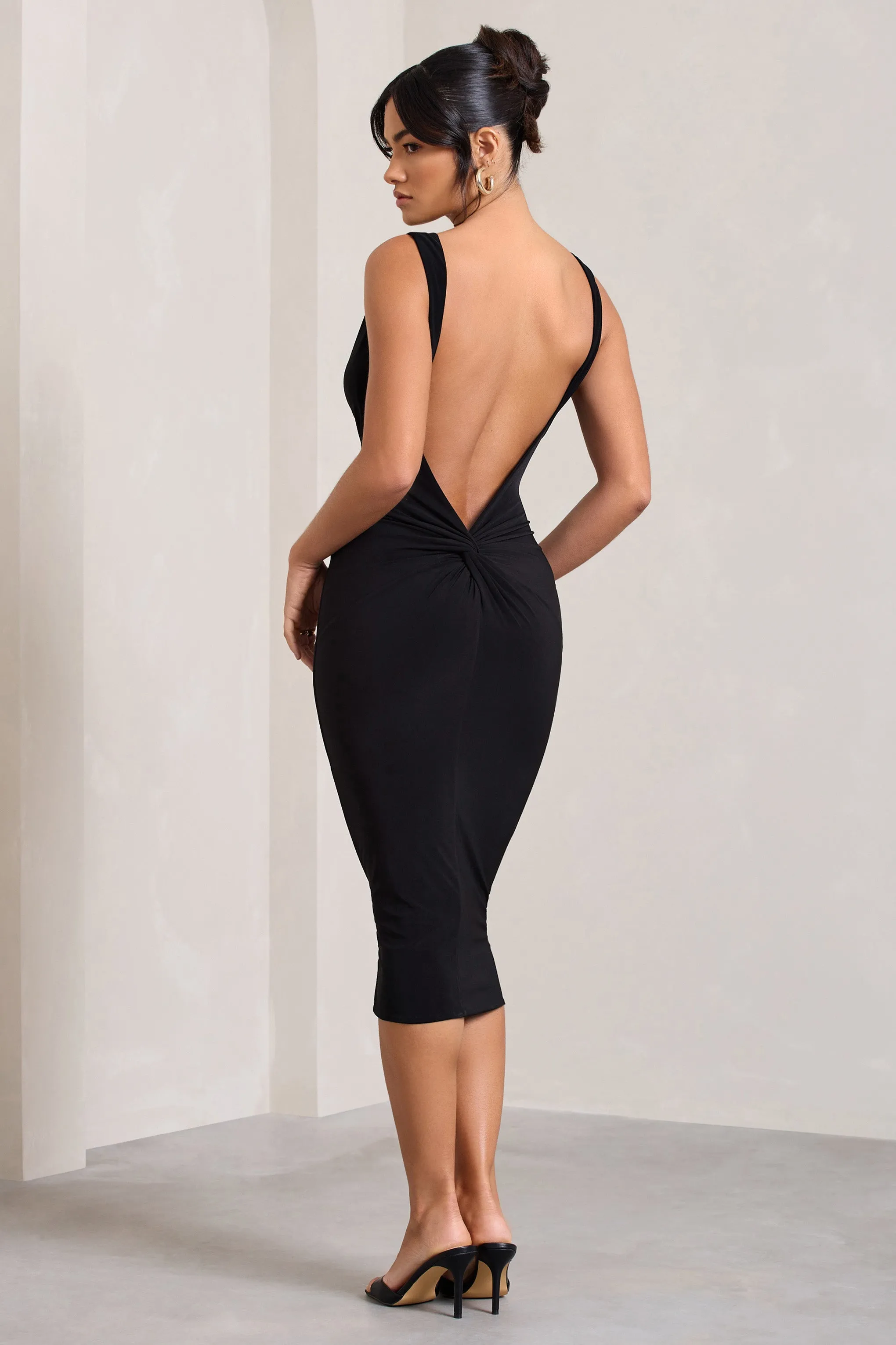 Rosie | Black Sleeveless Cowl-Neck Bodycon Midi Dress