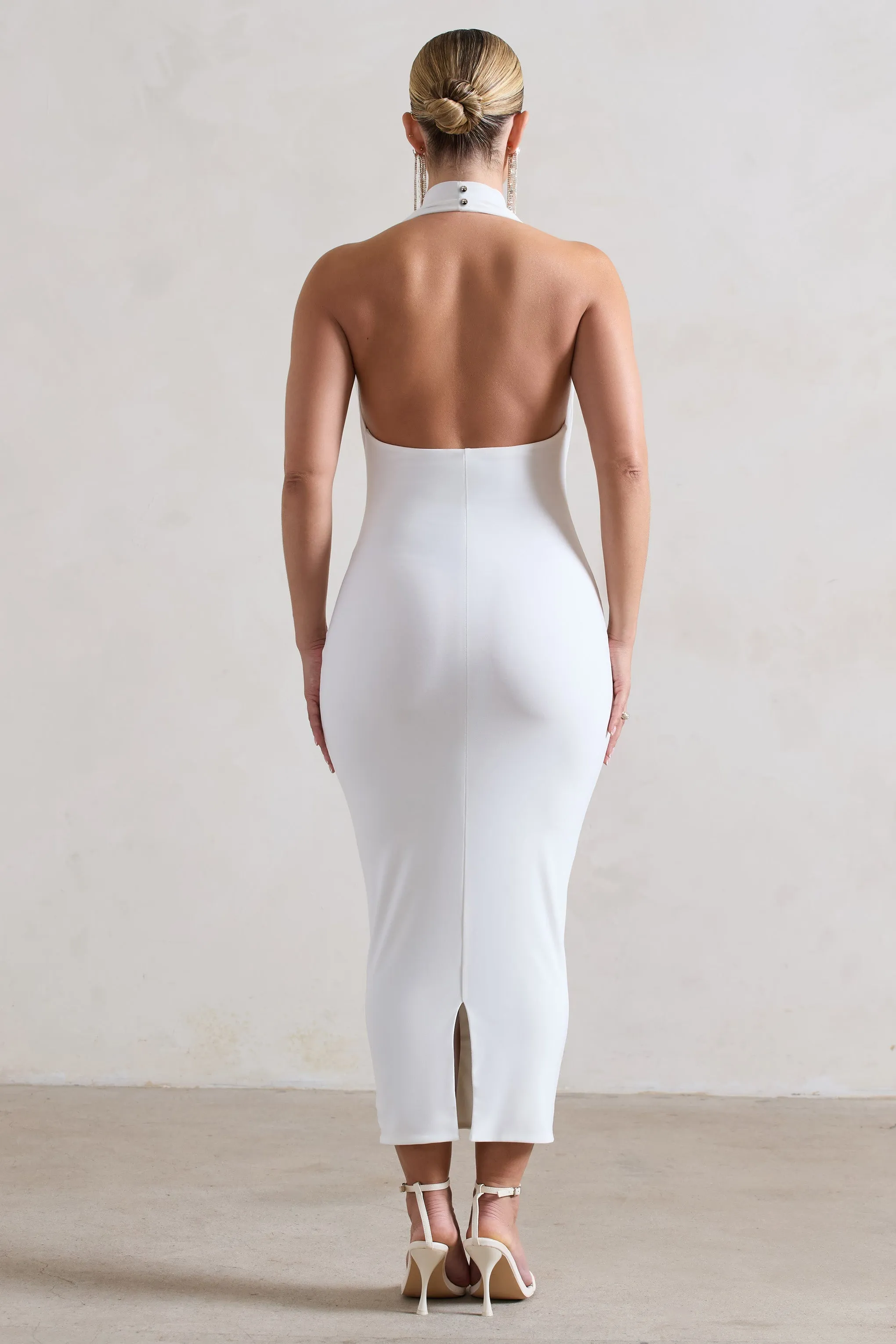 Roulette | White Cowl-Neck Midi Dress