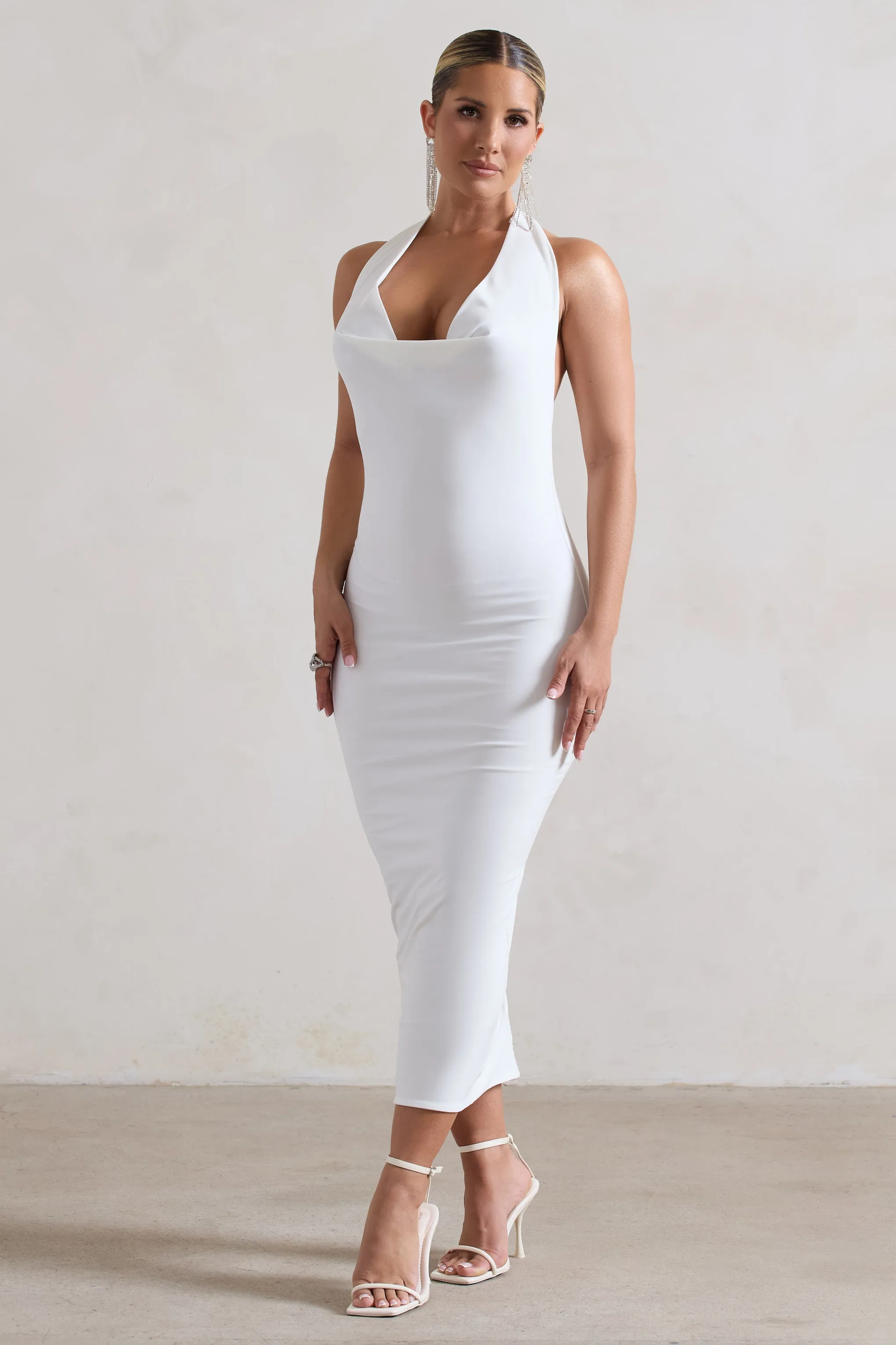 Roulette | White Cowl-Neck Midi Dress