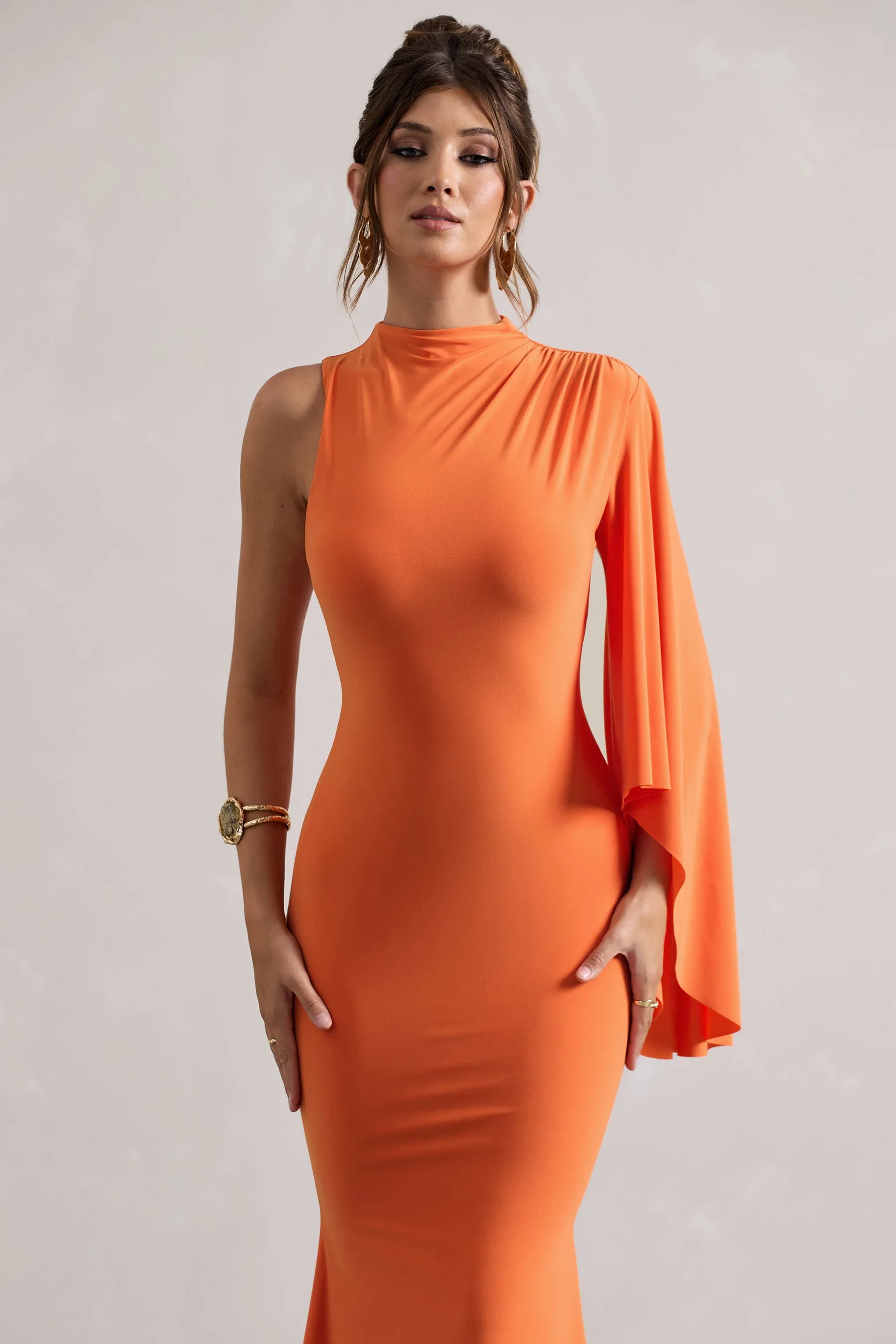 Samaya | Orange High-Neck Cape-Sleeve Maxi Dress