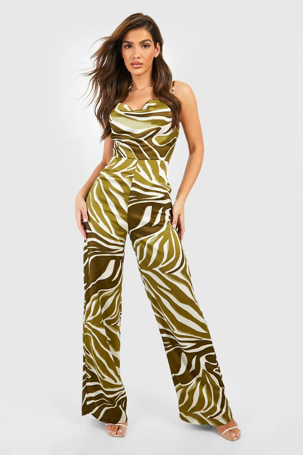 Satin Cowl Neck Wide Leg Printed Jumpsuit