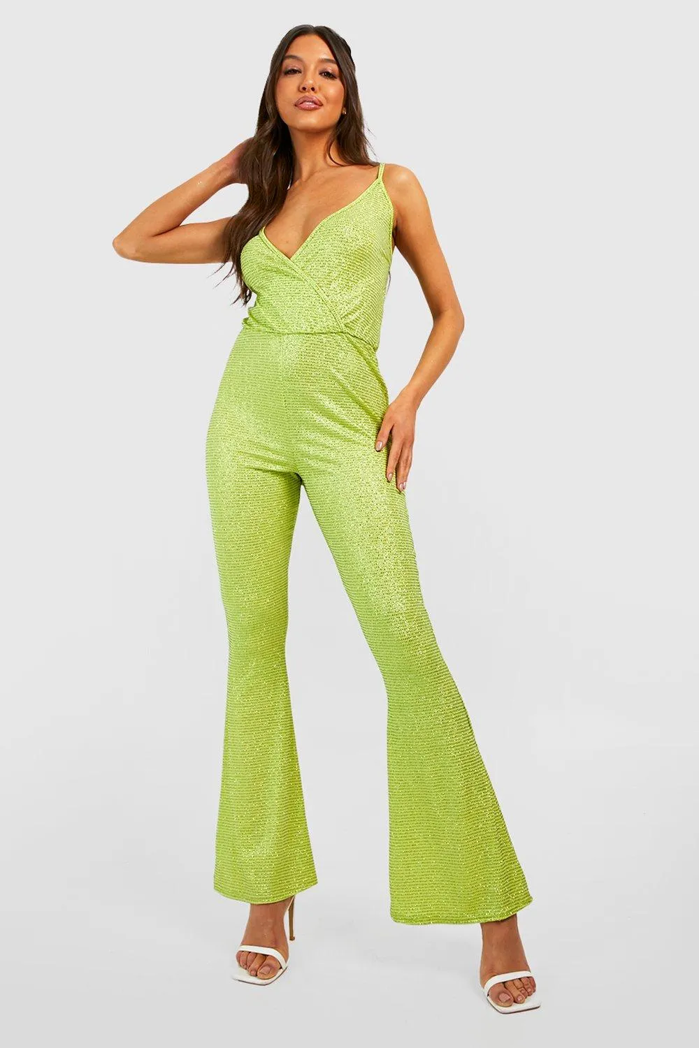 Shimmer Glitter Strappy Cowl Flare Jumpsuit