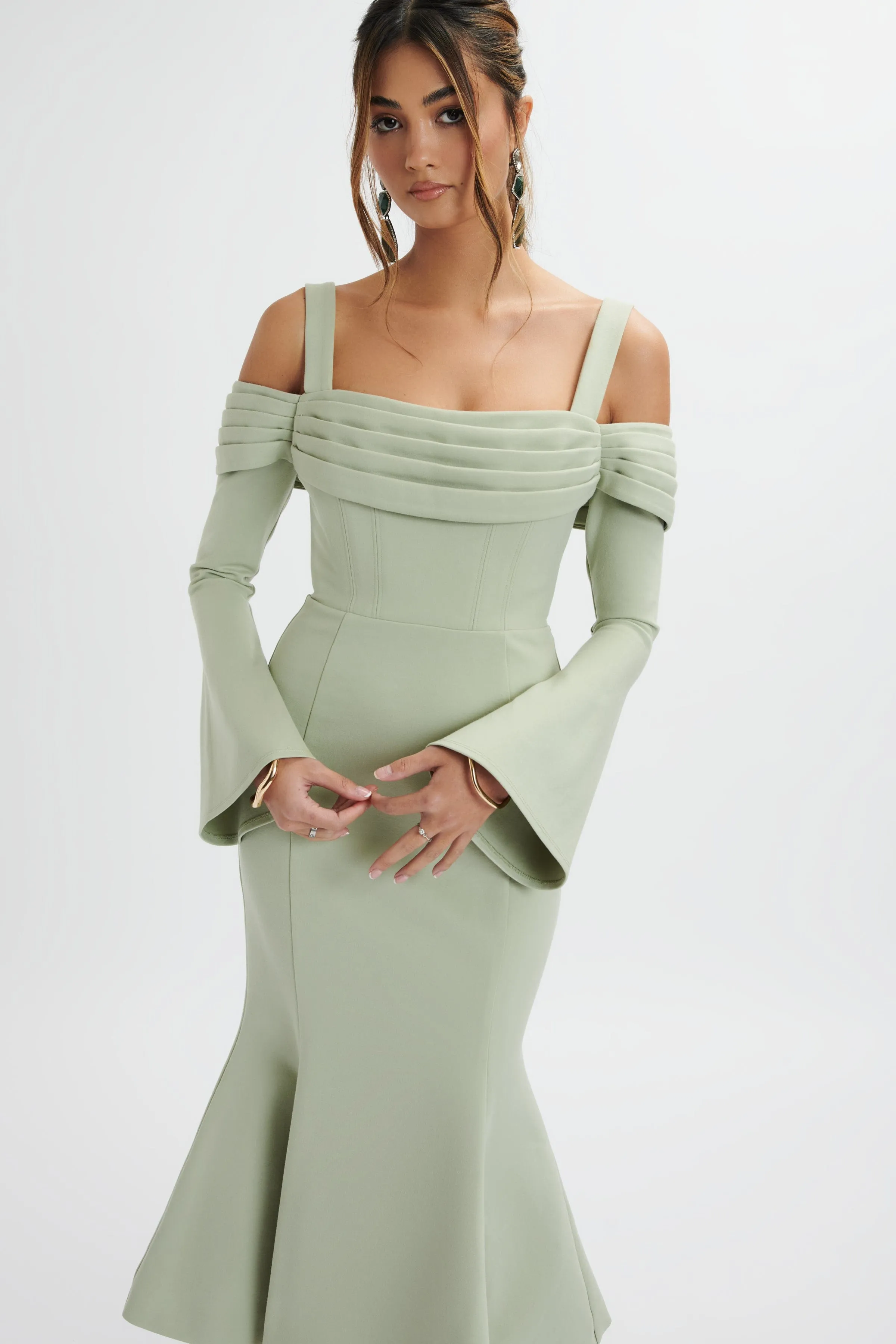 SIA Ponte Pleated Cowl Longline Midi Dress In Sage Green