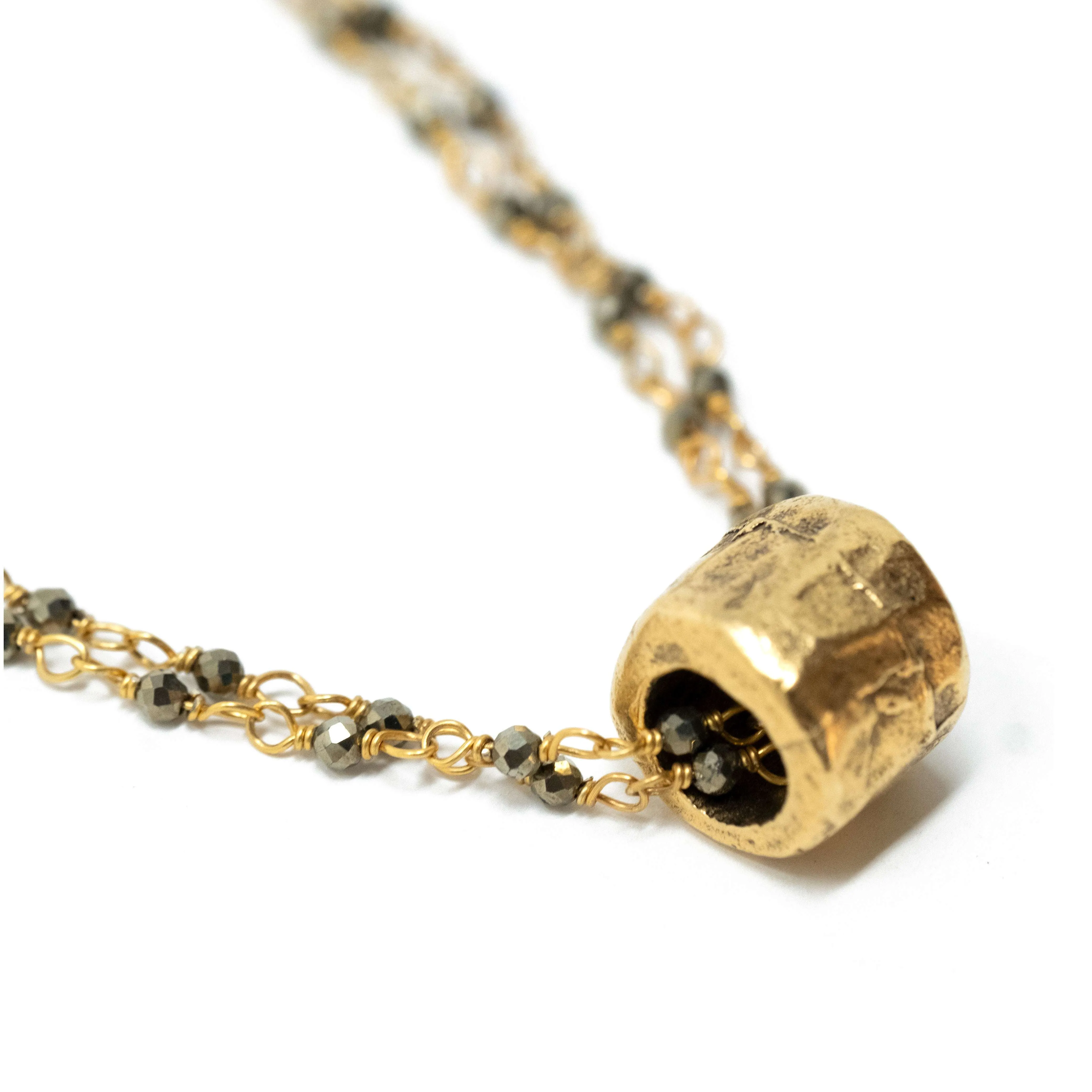 Small Gold Barrel on Double Pyrite Necklace