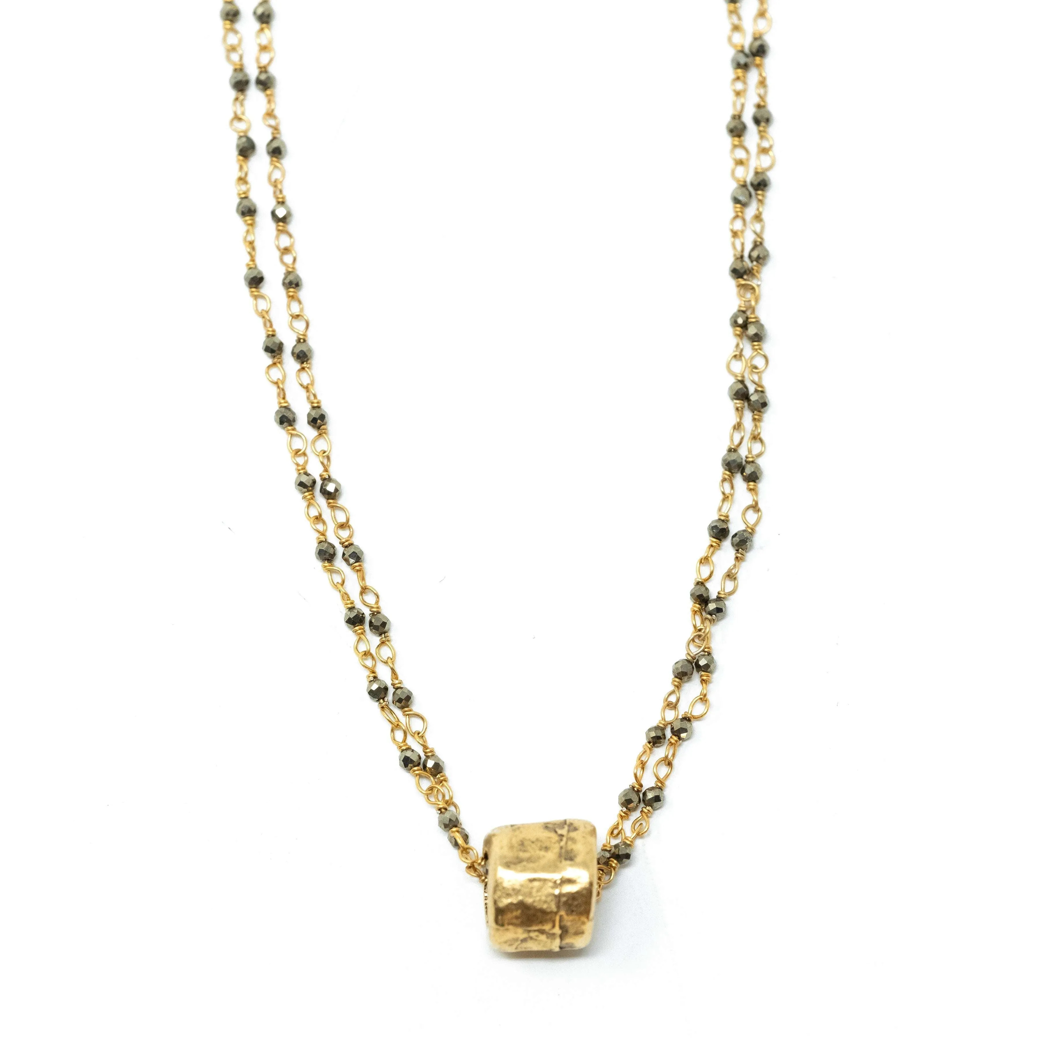 Small Gold Barrel on Double Pyrite Necklace