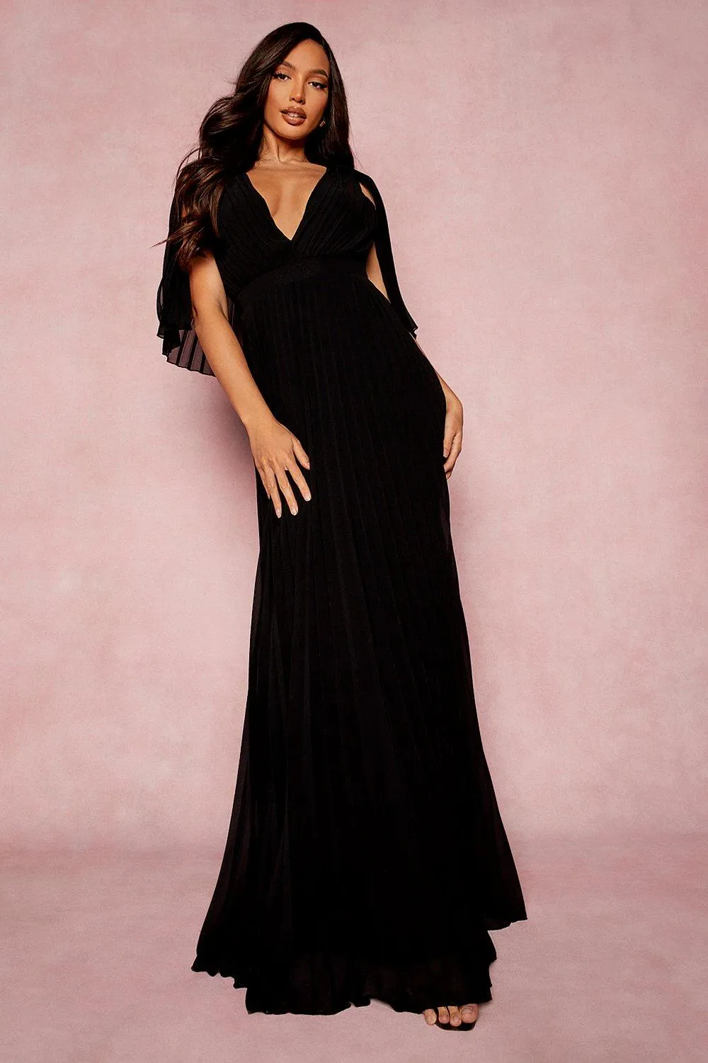 Tall Pleated Cape Maxi Bridesmaid Dress