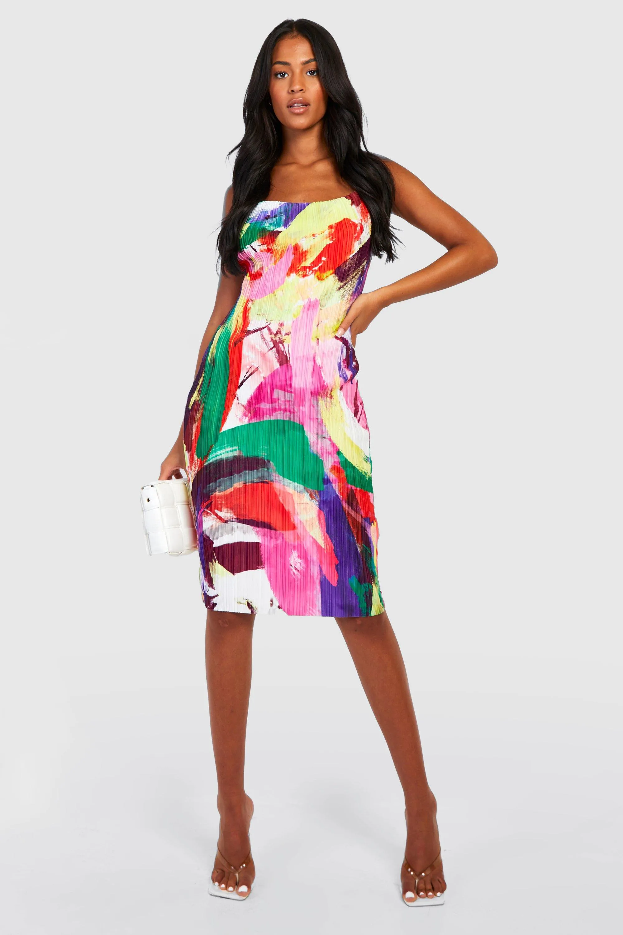 Tall Printed Plisse Cowl Neck Neck Midi Dress