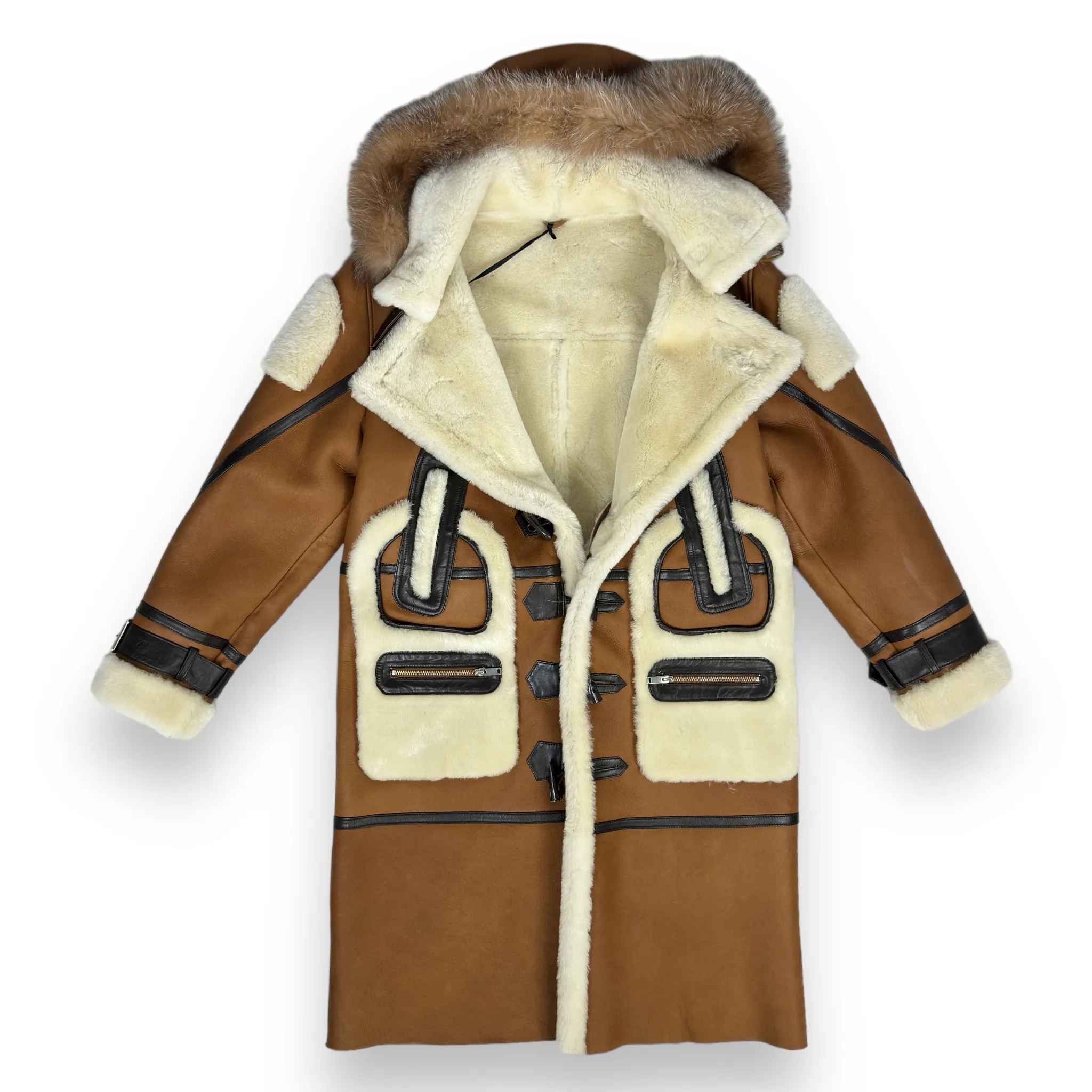 Tan Shearling with Crystal Fox Hood - Daniel's Leather