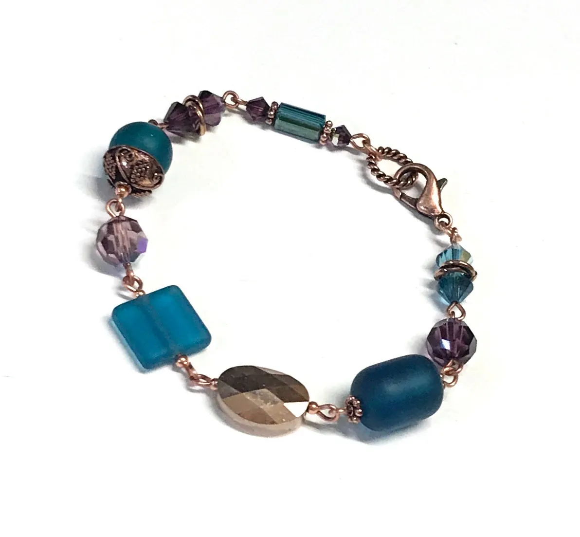 Teal and Purple Hand Linked Copper Bracelet - Glass and Crystal Beads