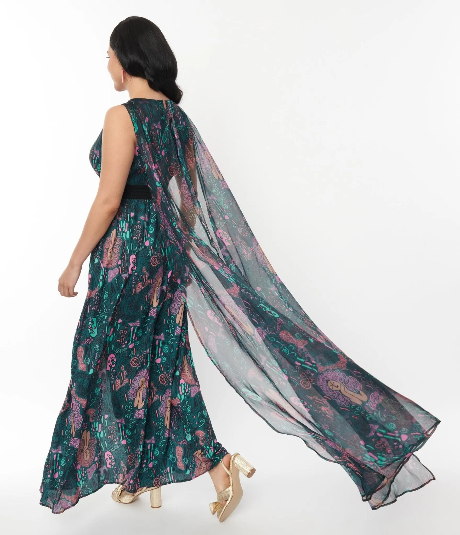 Unique Vintage Green Psychedelic Woman Print Cape Maxi Dress