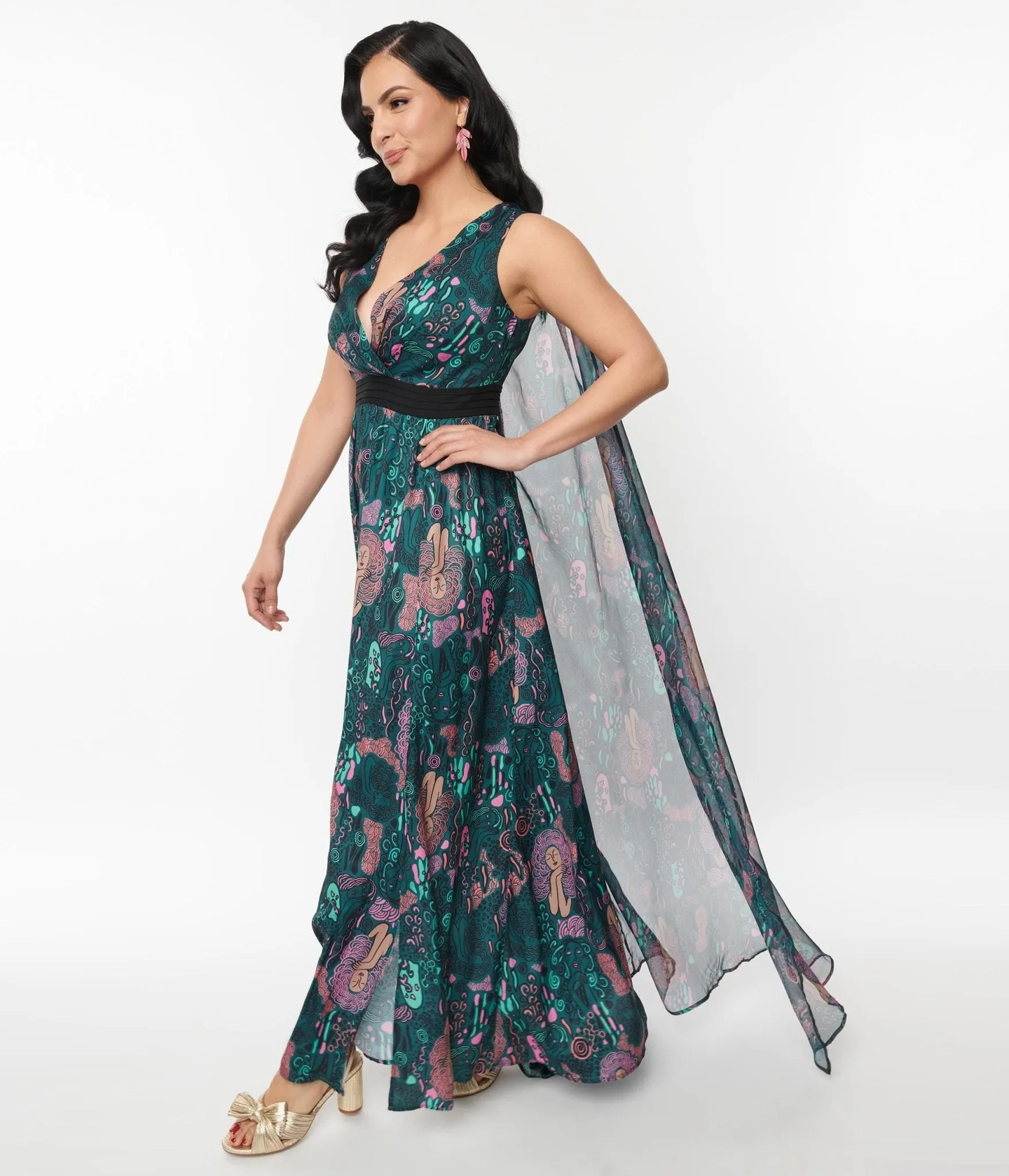 Unique Vintage Green Psychedelic Woman Print Cape Maxi Dress