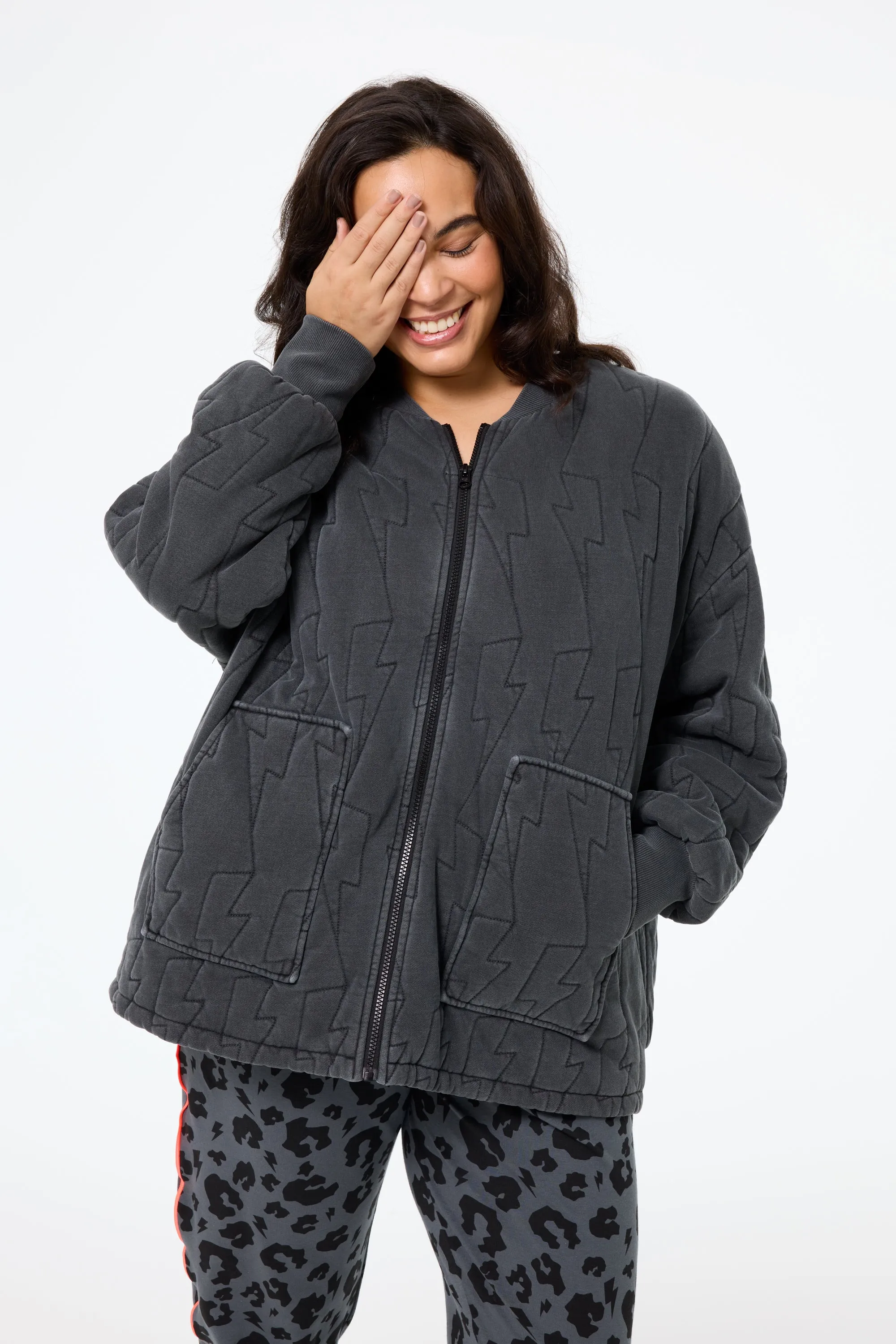 Washed Black Organic Cotton Quilted Lightning Bolt Oversized Bomber Jacket