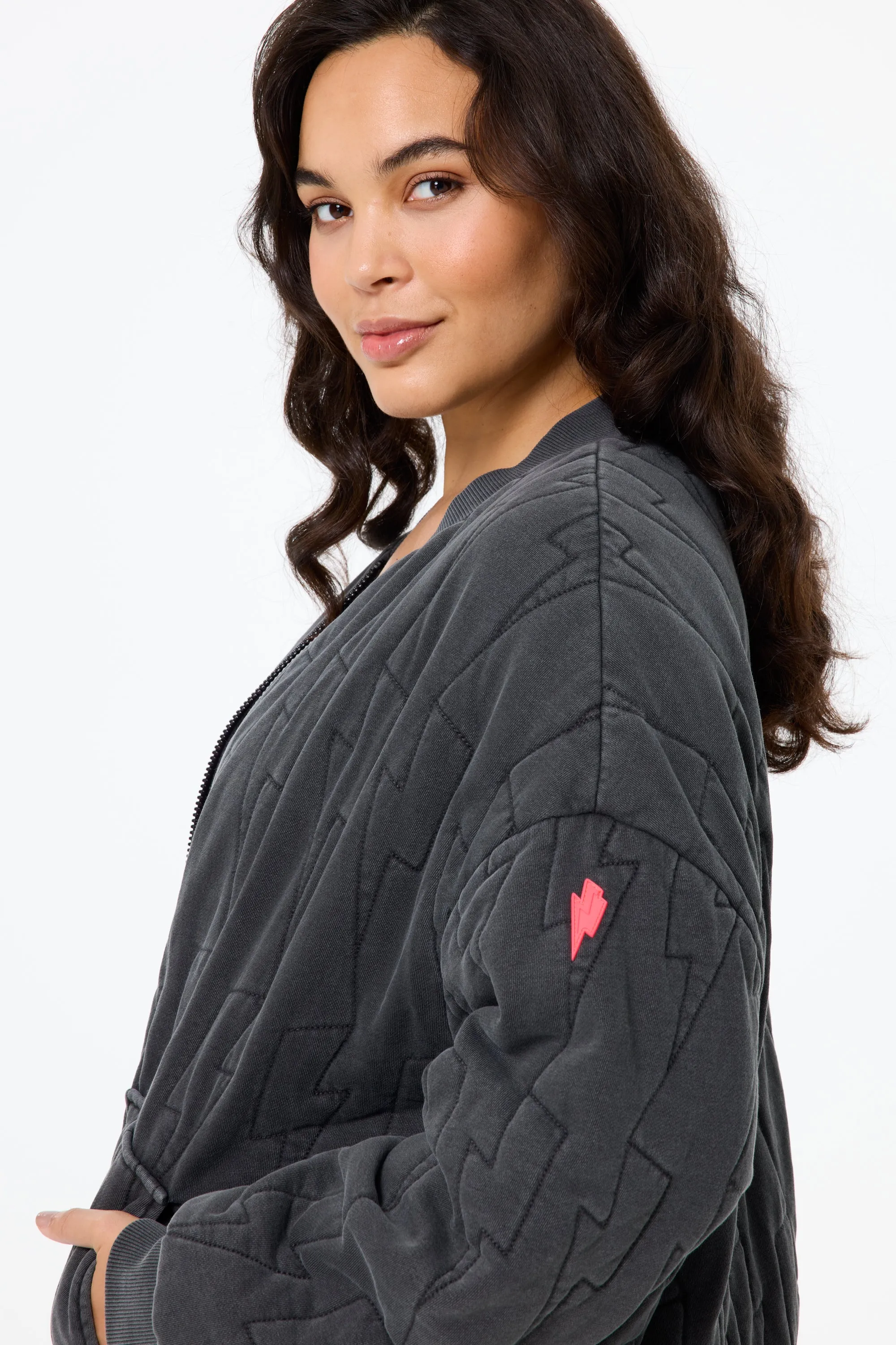 Washed Black Organic Cotton Quilted Lightning Bolt Oversized Bomber Jacket