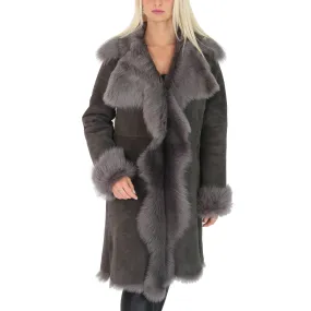 Womens 3/4 Length Toscana Shearling Luxury Coat Grey