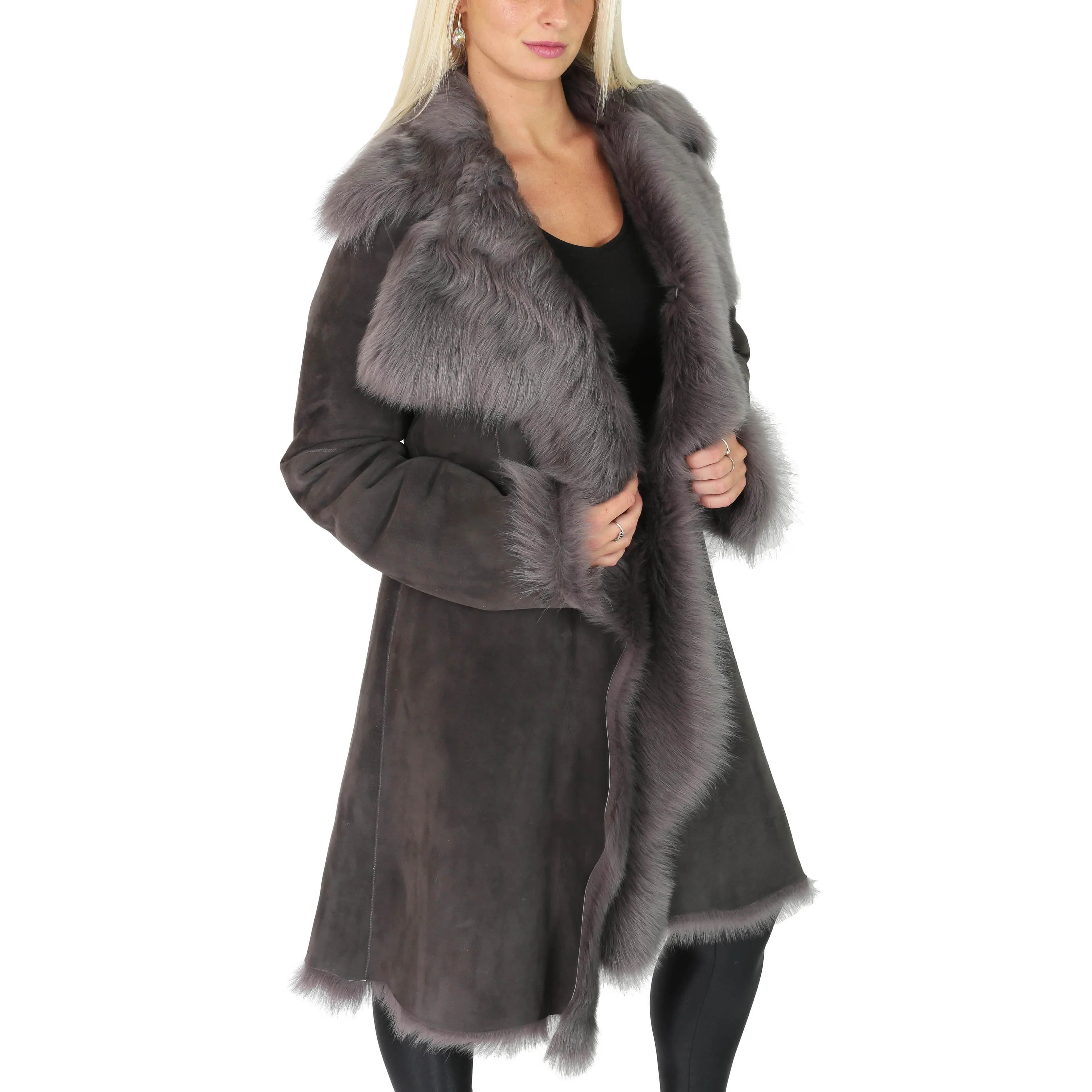 Womens 3/4 Length Toscana Shearling Luxury Coat Grey