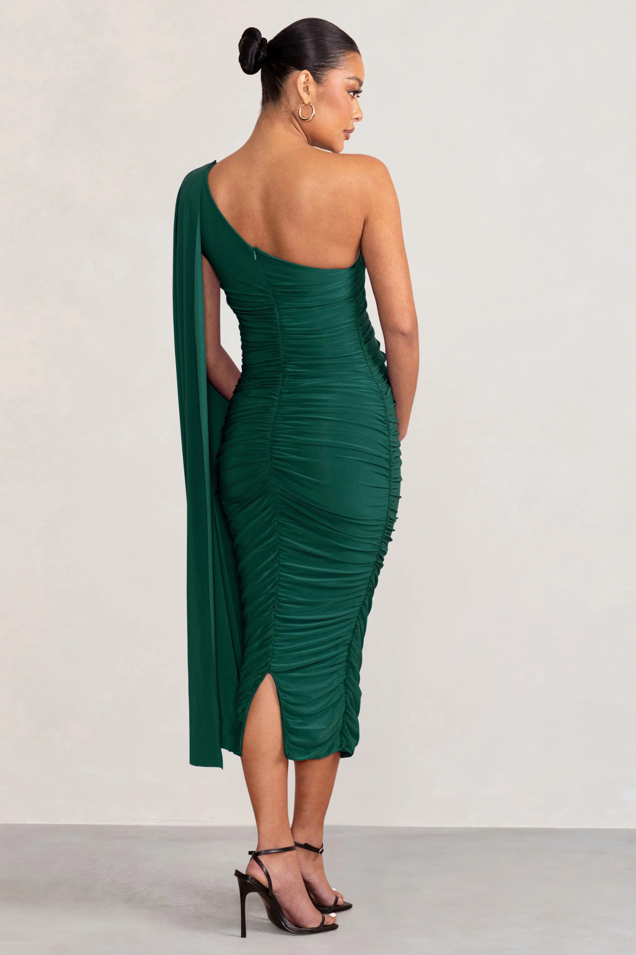 Yara | Bottle Green One Sleeve Ruched Maternity Midi Dress with Cape Sleeve