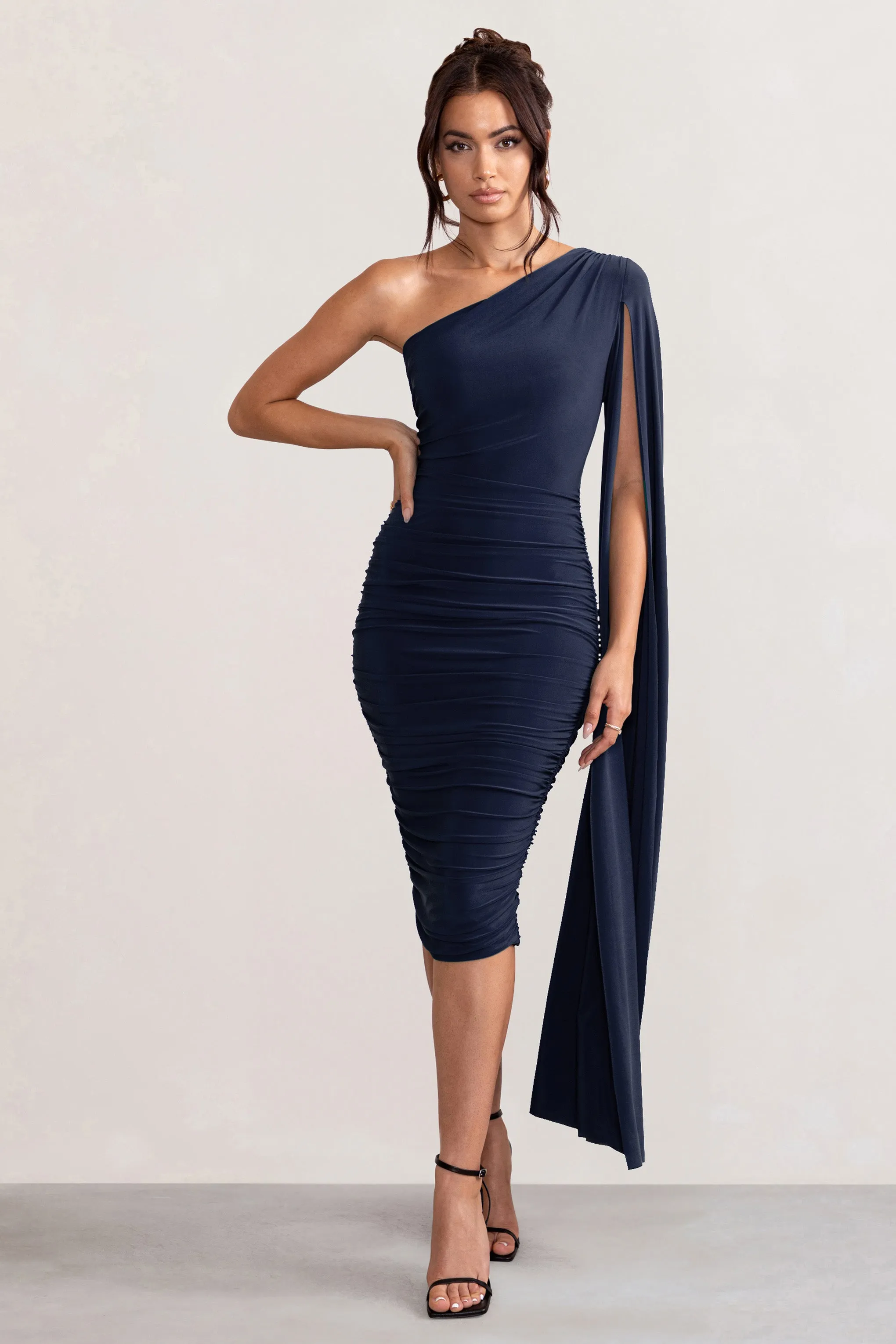 Yara | Navy One Shoulder Cape Ruched Midi Dress