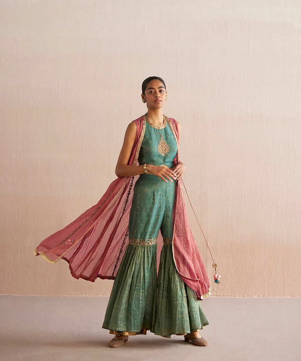 Zehenaseeb Handloom Sea Blue Cotton Tissue Short Top With Gharara And Embroidered Cape