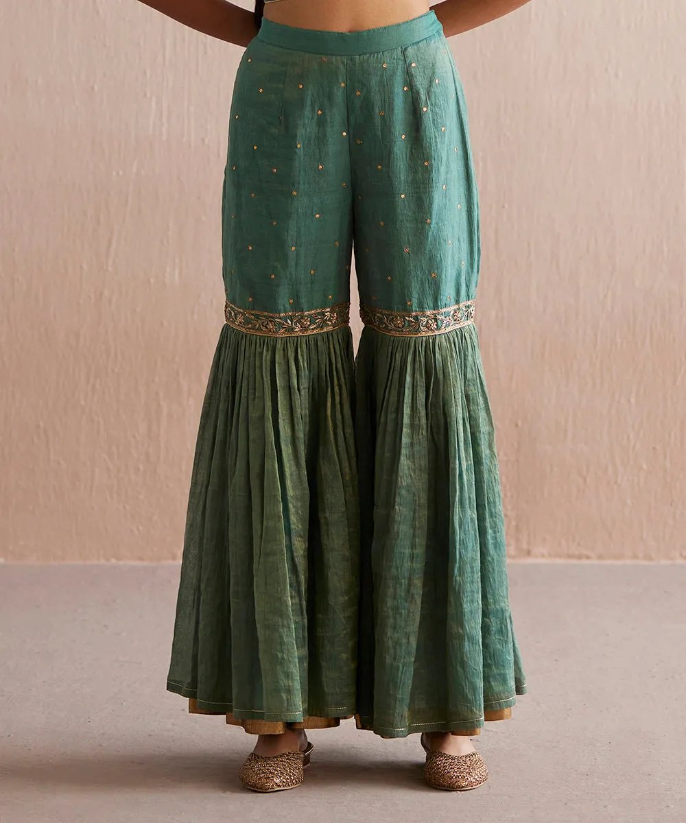 Zehenaseeb Handloom Sea Blue Cotton Tissue Short Top With Gharara And Embroidered Cape