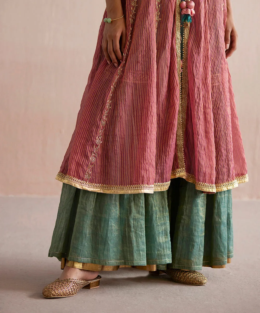 Zehenaseeb Handloom Sea Blue Cotton Tissue Short Top With Gharara And Embroidered Cape